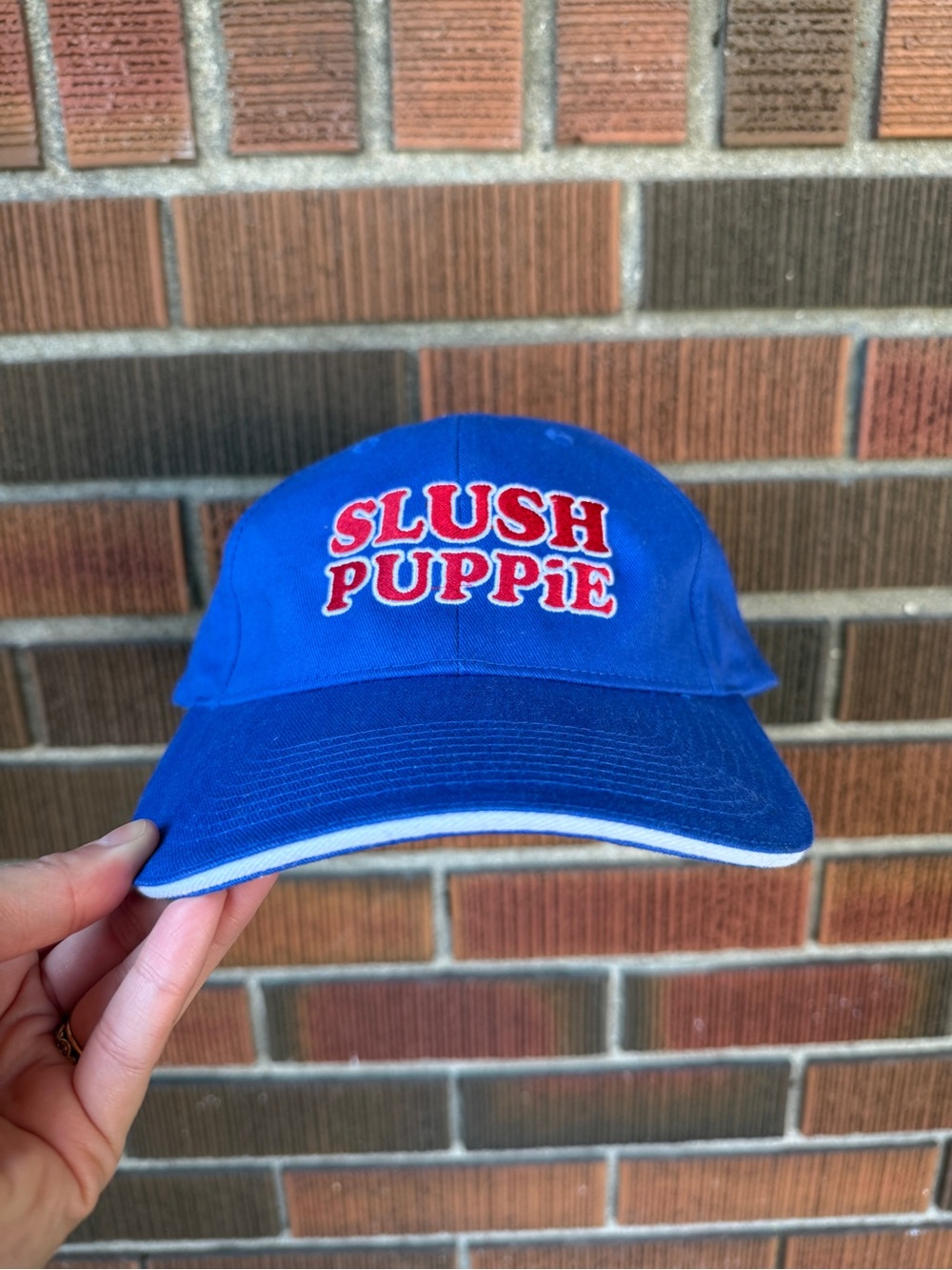 Vintage Slush Puppie Blue Hat with Red & White Embroidery